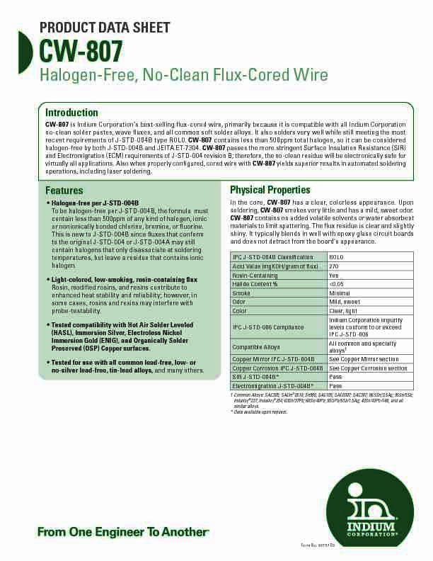 PRODUCT DATA SHEET - CW-807 - Halogen-Free No-Clean Flux