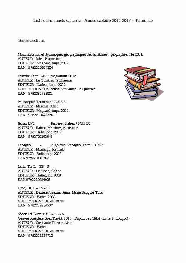 Liste des manuels scolaires - Année scolaire 2016-2017