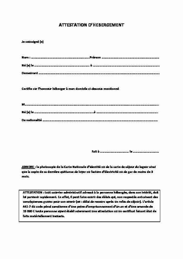 [PDF] ATTESTATION DHEBERGEMENT - TLScontact