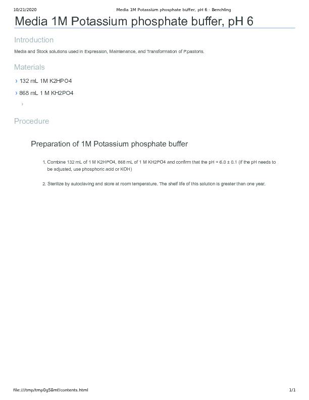 Media 1M Potassium phosphate buffer pH 6