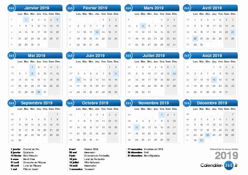 Calendrier 2019 & Jours fériés 2019