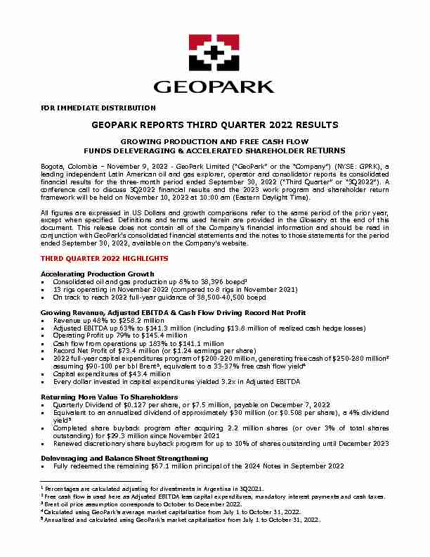 GEOPARK REPORTS THIRD QUARTER 2022 RESULTS