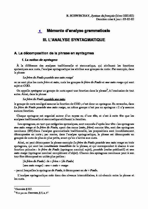 Mémento d’analyse grammaticale III L’ANALYSE SYNTAGMATIQUE