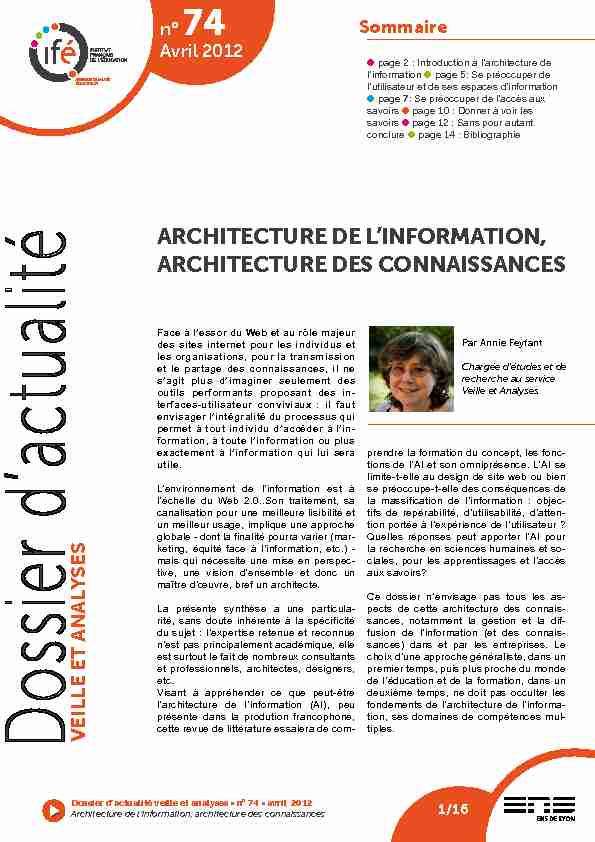 ARCHITECTURE DE L’INFORMATION ARCHITECTURE DES CONNAISSANCES