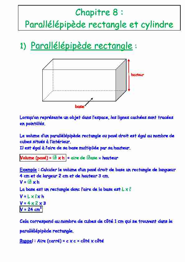 Chapitre 8 : Parallélépipède rectangle et cylindre