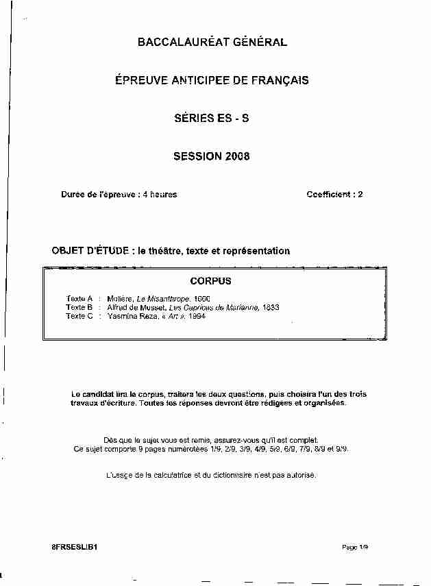 Sujet officiel complet du bac S-ES Français (1ère) 2008 - Liban