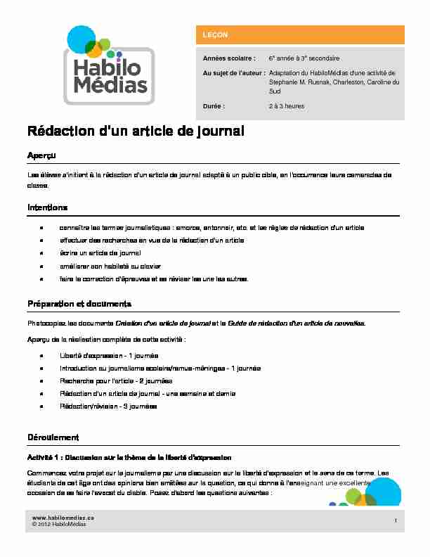 [PDF] Rédaction dun article de journal - HabiloMédias