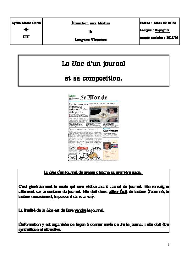 [PDF] La Une dun journal et sa composition