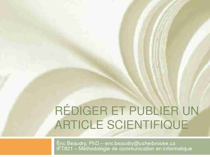 RÉDIGER ET PUBLIER UN ARTICLE SCIENTIFIQUE