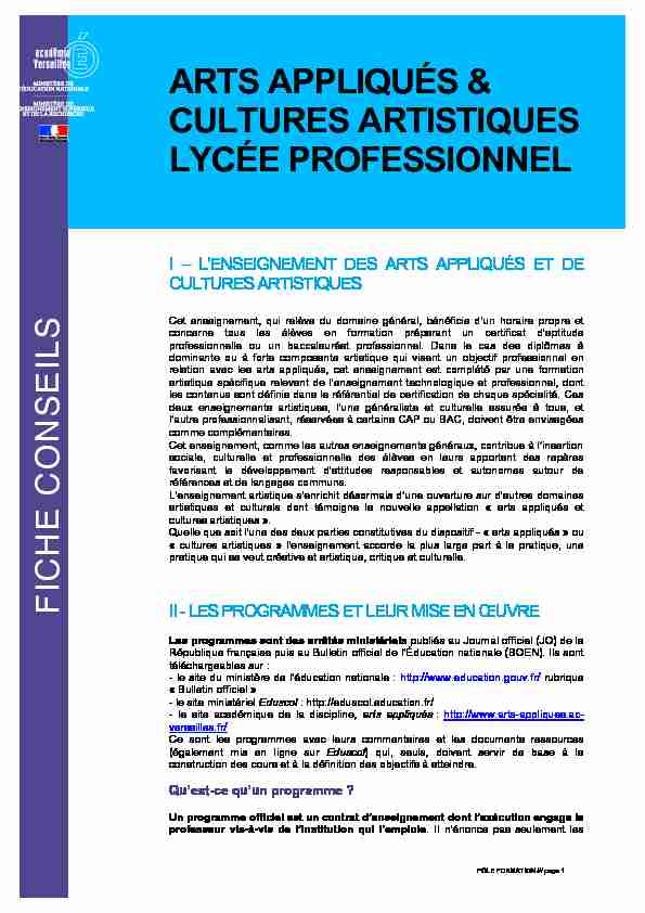 ARTS APPLIQUÉS & CULTURES ARTISTIQUES LYCÉE PROFESSIONNEL