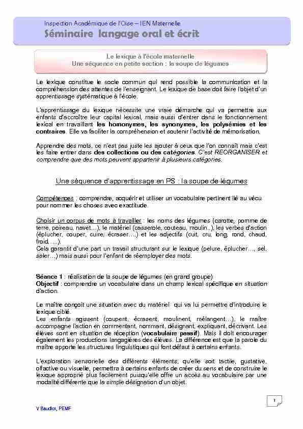 [PDF] Le lexique à lécole maternelle - Académie dAmiens