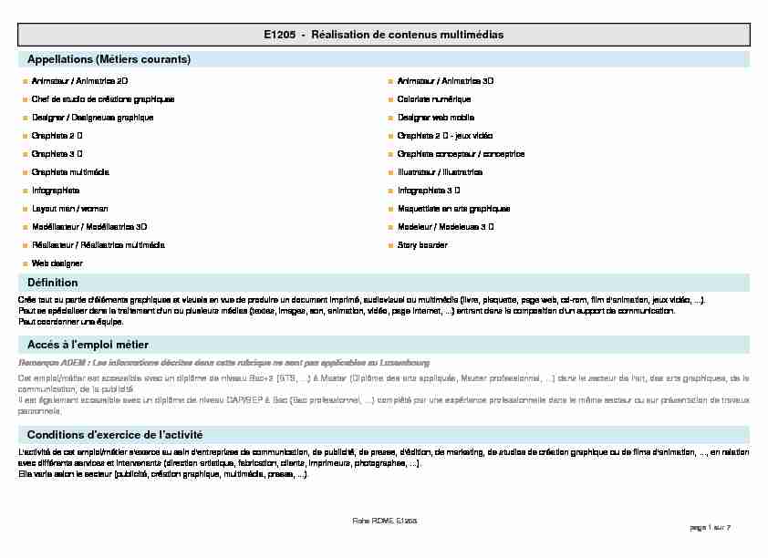 [PDF] E1205 - Réalisation de contenus multimédias Appellations (Métiers