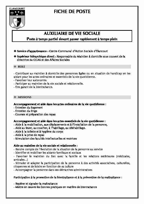 [PDF] FICHE DE POSTE Auxiliaire de Vie - Elancourt