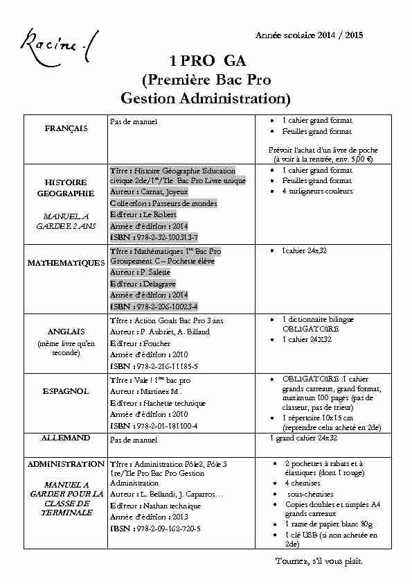 1 PRO GA (Première Bac Pro Gestion Administration)