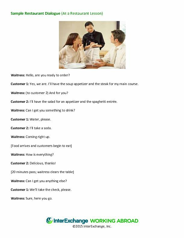 Sample Restaurant Dialogue (At a Restaurant Lesson)