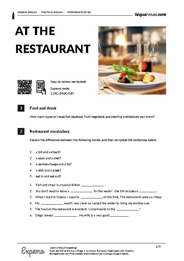 [PDF] At the restaurant - Linguahouse