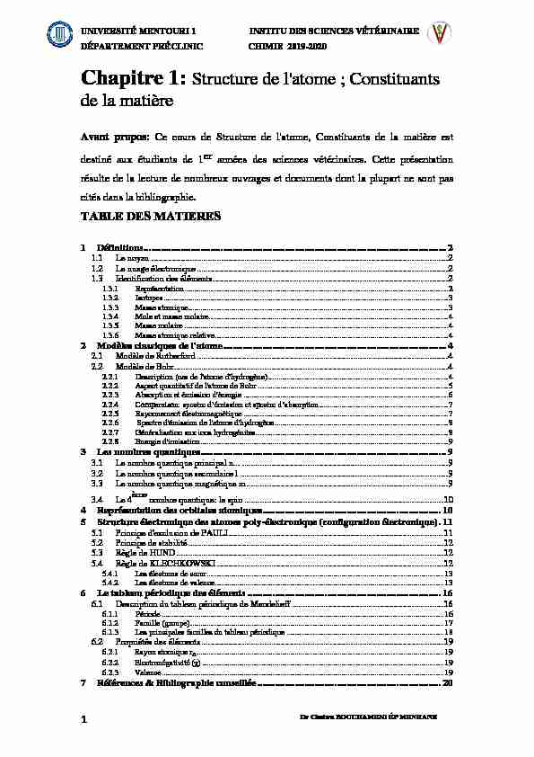 [PDF] Chapitre 1: Structure de latome ; Constituants de la matière