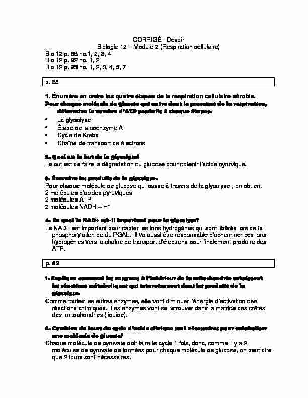 [PDF] CORRIGÉ - Devoir Biologie 12 – Module 2 (Respiration cellulaire)