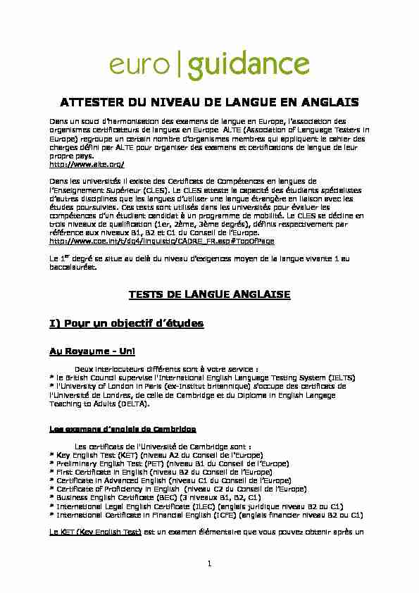 [PDF] ATTESTER DU NIVEAU DE LANGUE EN ANGLAIS - Euroguidance