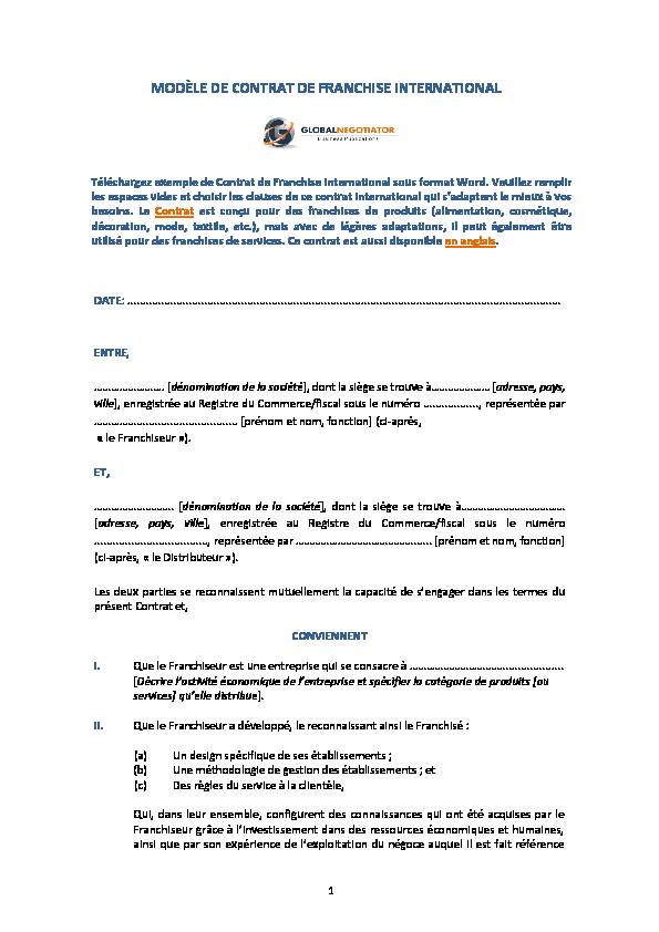 [PDF] Modèle de Contrat de Franchise International - Global Negotiator