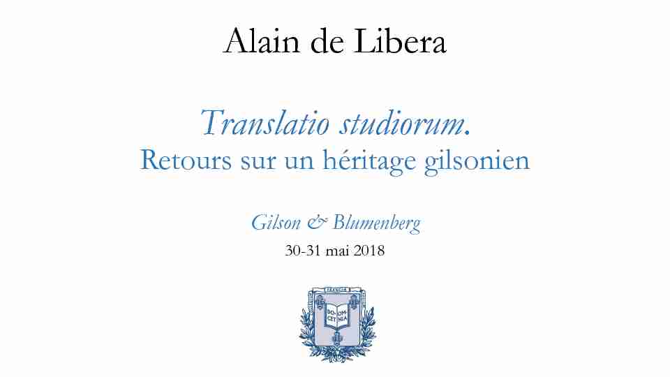 Alain de Libera Translatio studiorum. Retours sur un héritage