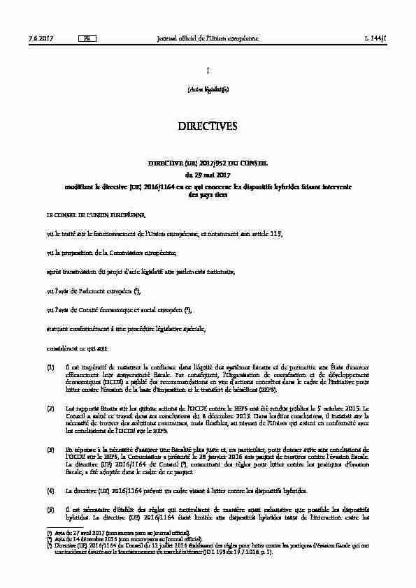 952 DU CONSEIL - du 29 mai 2017 - modifiant la directive (UE