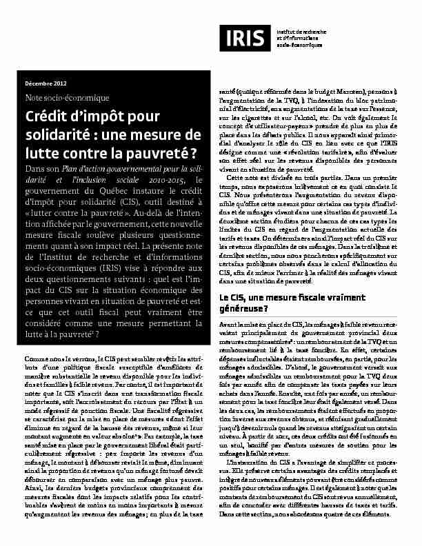 [PDF] Crédit dimpôt pour solidarité - Institut de recherche et dinformations
