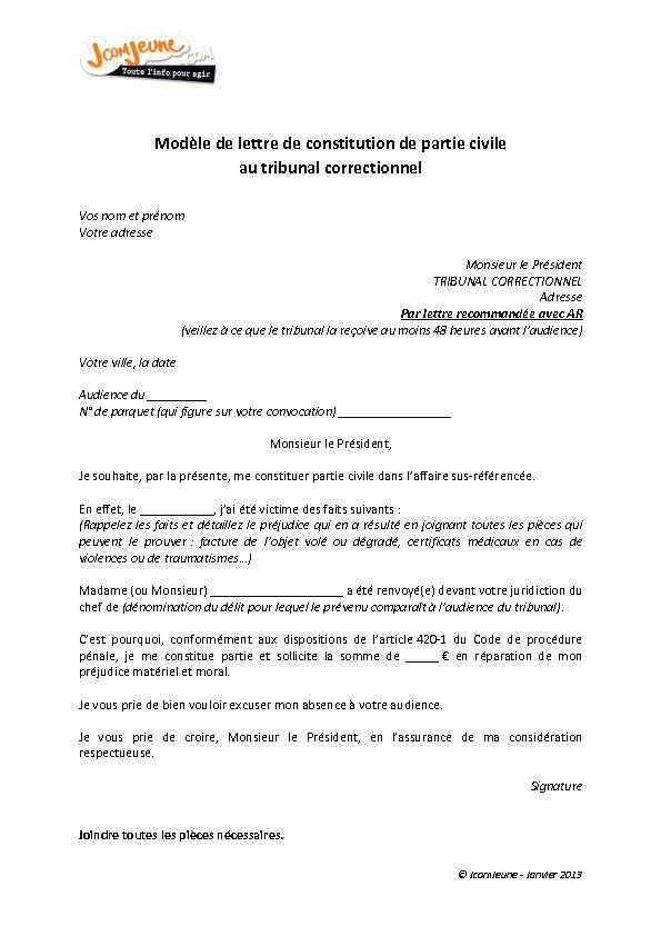 [PDF] Modèle de lettre de constitution de partie civile au tribunal  - CIDJ