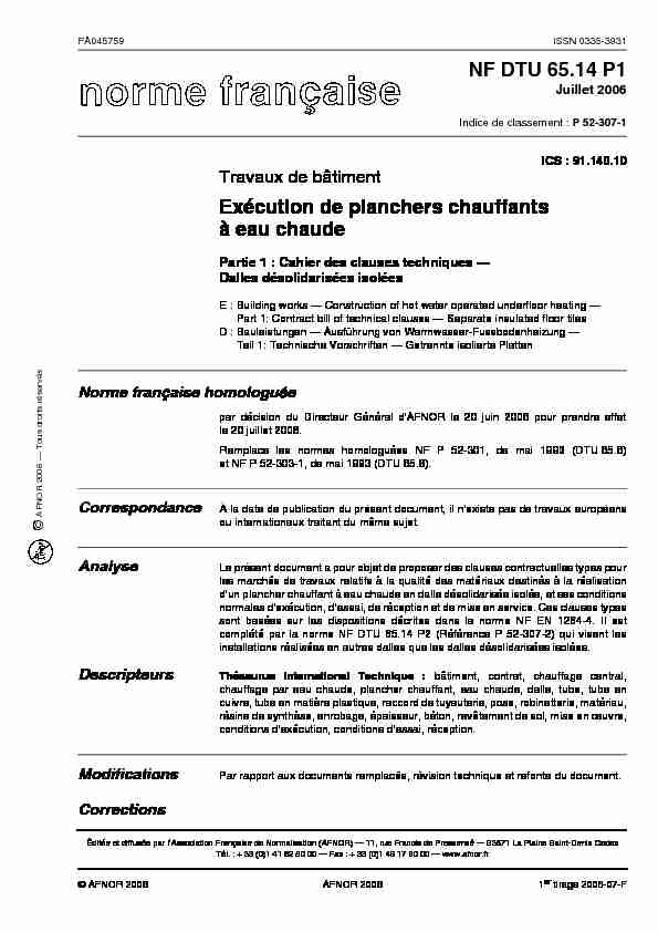 [PDF] NF DTU 6514 P1 Exécution de planchers chauffants à eau chaude