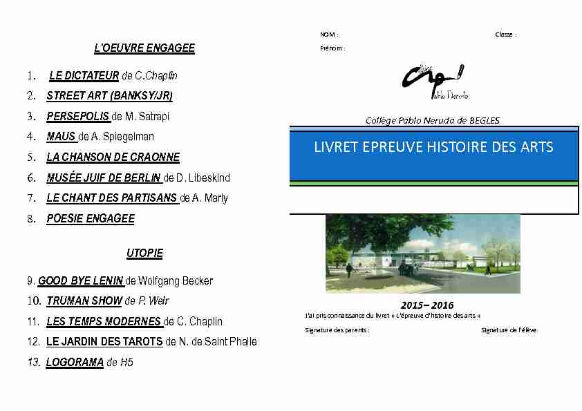 LIVRET EPREUVE HISTOIRE DES ARTS - Académie de Bordeaux