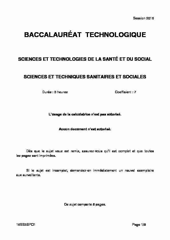 Sujet du bac ST2S Sciences et Tech Sanitaires et Sociales 2016
