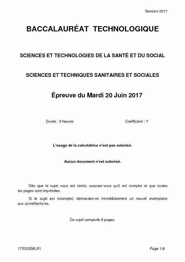 Sujet du bac ST2S Sciences et Tech Sanitaires et Sociales 2017