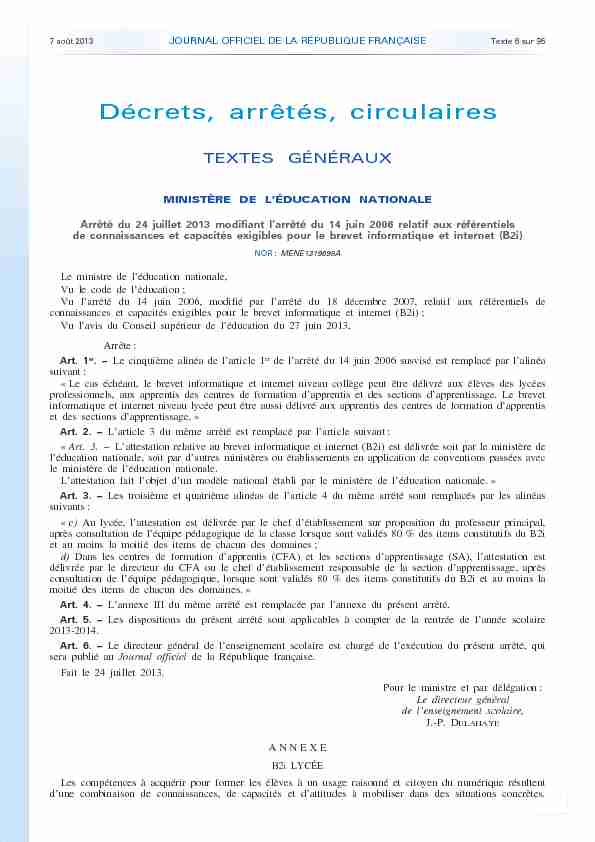 Journal officiel de la République française - N° 182 du 7 août 2013