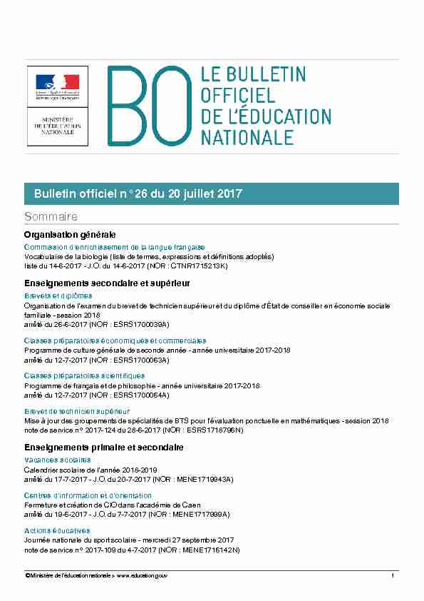 Bulletin officiel n°26 du 20 juillet 2017 Sommaire