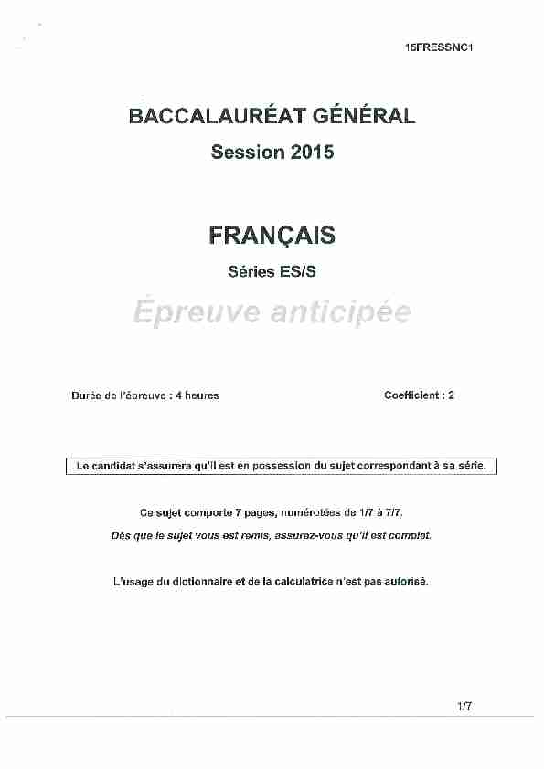 Sujet du bac S-ES Français (1ère) 2015 - Nlle Calédonie