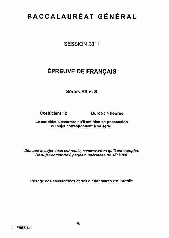 Sujet officiel complet du bac S-ES Français (1ère) 2011 - Liban