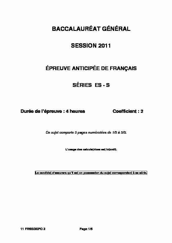 Sujet officiel complet du bac S-ES Français (1ère) 2011 - Polynésie