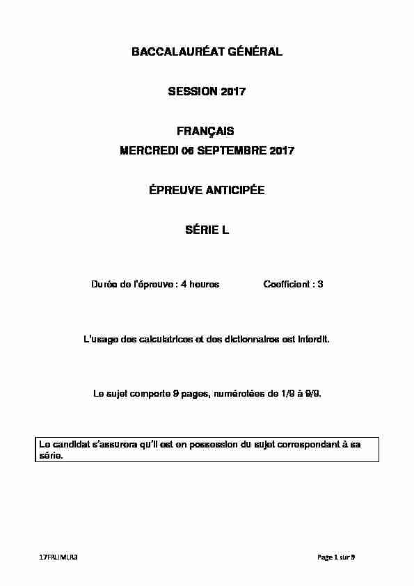 Sujet du bac L Français (1ère) 2017 - Métropole remplacement