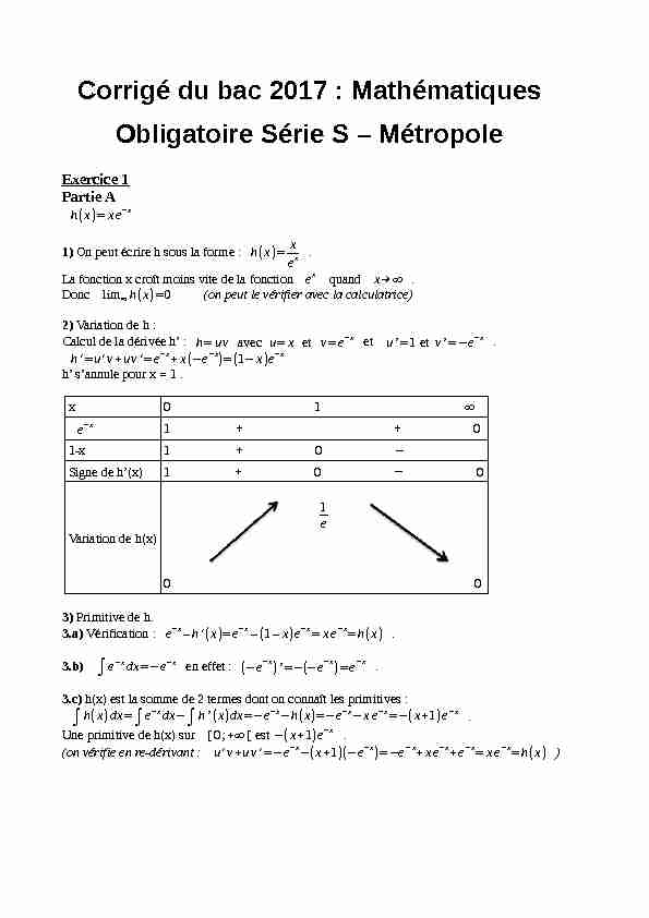 Corrigé du bac 2017 : Mathématiques Obligatoire Série S – Métropole