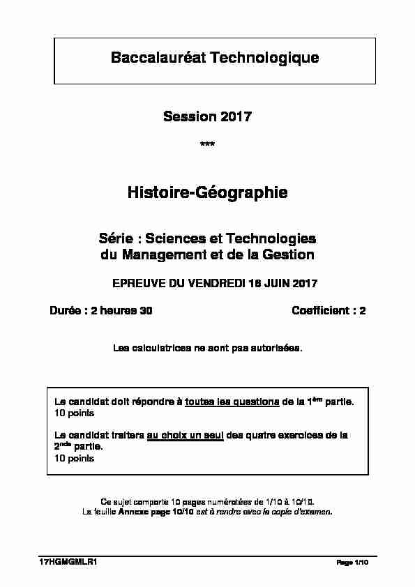 Sujet du bac STMG Histoire-Géographie 2017 - Métropole