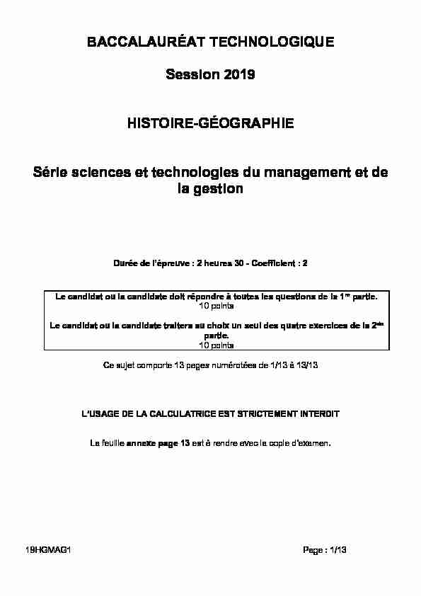 Sujet du bac STMG Histoire-Géographie 2019 - Antilles-Guyane