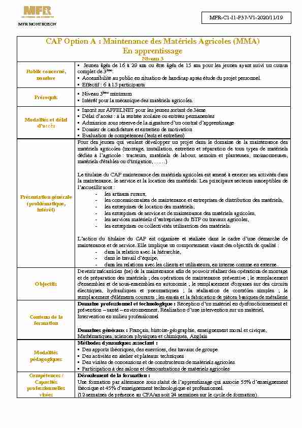 [PDF] CAP Option A : Maintenance des Matériels Agricoles (MMA) En
