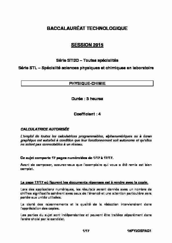 Sujet du bac STI2D Physique-Chimie 2015 - Antilles-Guyane