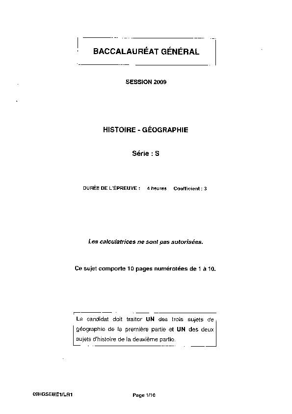 [PDF] Sujet officiel complet du bac S Histoire-Géographie 2009 - Métropole