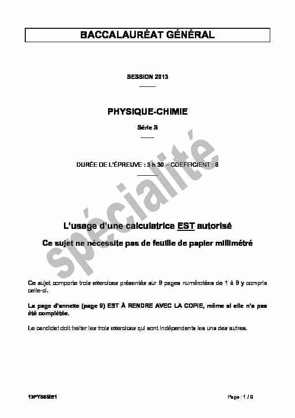 Sujet officiel complet du bac S Physique-Chimie Spécialité 2013