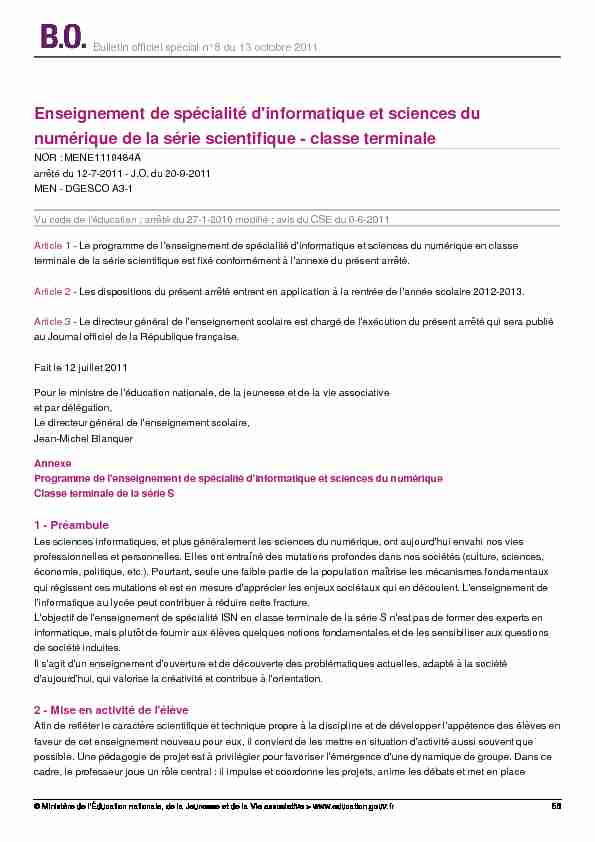 [PDF] Programme spécialité Informatique et Sciences du  - Eduscol
