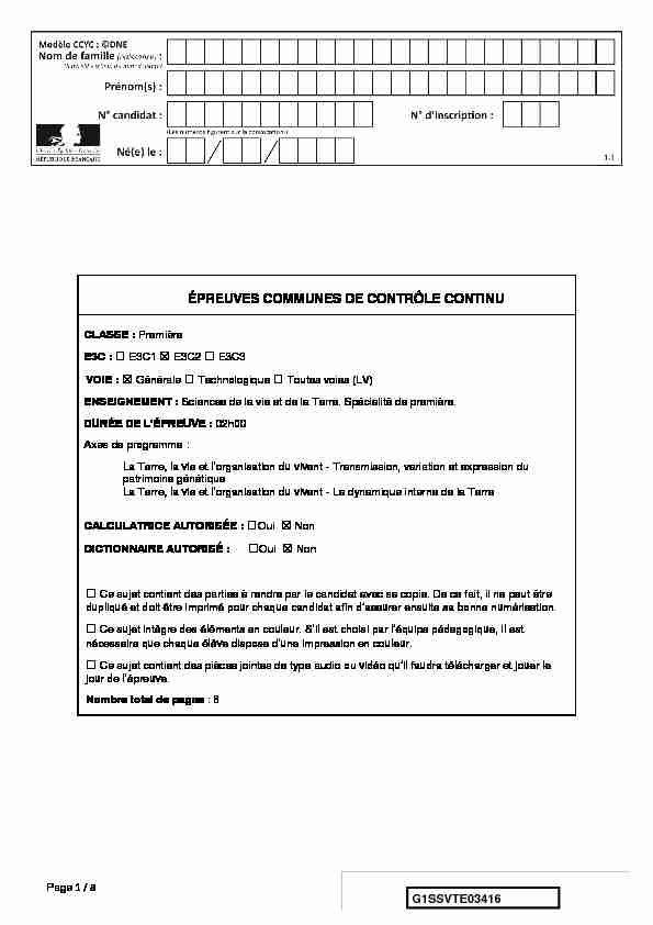 [PDF] Sujet E3C N°03416 du bac Spécialité SVT Première