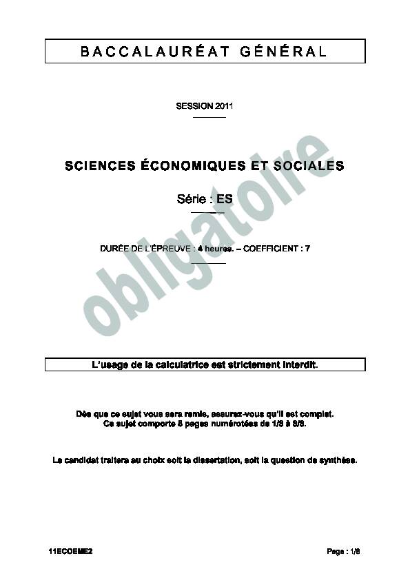 [PDF] SCIENCES ÉCONOMIQUES ET SOCIALES Série : ES - Sujet de bac