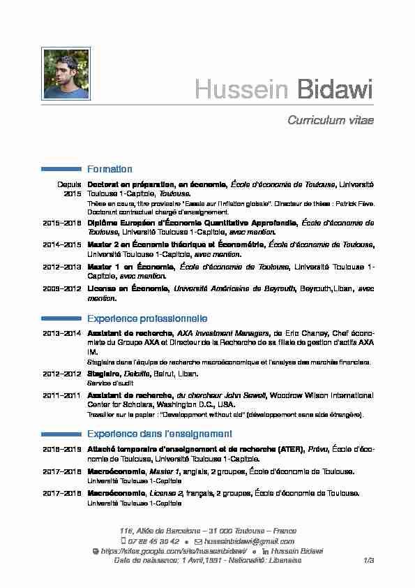 [PDF] Hussein Bidawi – Curriculum vitae - Toulouse School of Economics