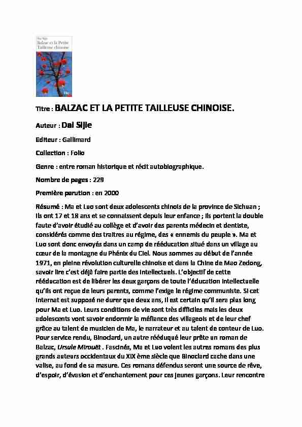 [PDF] BALZAC ET LA PETITE TAILLEUSE CHINOISE - Sailly-Labourse